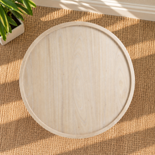 Load image into Gallery viewer, Lainey natural wood round coffee table with raised rim, subtle wood grain and four chunky ring-turned legs.
