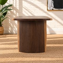 Load image into Gallery viewer, Landen oval acacia wood dining table with natural live edge top and sculptural curved double pedestal base.
