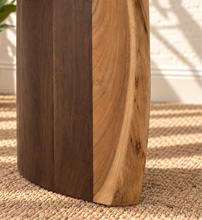 Load image into Gallery viewer, Landen oval acacia wood dining table with natural live edge top and sculptural curved double pedestal base.
