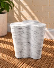 Load image into Gallery viewer, Laura Sculptural Side Table in Arctic Marble with an organic three-lobed shape and white marble-effect finish with gray veining.
