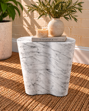 Load image into Gallery viewer, Laura Sculptural Side Table in Arctic Marble with an organic three-lobed shape and white marble-effect finish with gray veining.
