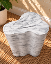 Load image into Gallery viewer, Laura Sculptural Side Table in Arctic Marble with an organic three-lobed shape and white marble-effect finish with gray veining.
