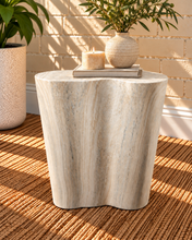 Load image into Gallery viewer, Laura Sculptural Side Table in Ivory Travertine with a three-lobed organic shape and ivory stone-effect finish.
