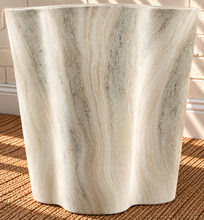 Load image into Gallery viewer, Laura Sculptural Side Table in Ivory Travertine with a three-lobed organic shape and ivory stone-effect finish.

