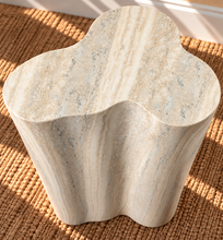Load image into Gallery viewer, Laura Sculptural Side Table in Ivory Travertine with a three-lobed organic shape and ivory stone-effect finish.
