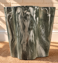 Load image into Gallery viewer, Laura sculptural side table in Mosstone Marble with organic three-lobed shape and green, gray, white, and blush marble-effect finish.
