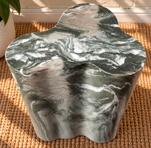 Load image into Gallery viewer, Laura sculptural side table in Mosstone Marble with organic three-lobed shape and green, gray, white, and blush marble-effect finish.

