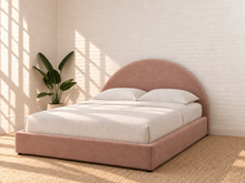 Load image into Gallery viewer, Laurane Queen Size platform bed in Blossom Pink with rounded arch headboard, upholstered frame, and lift-up underbed storage.
