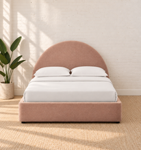 Load image into Gallery viewer, Laurane Queen Size platform bed in Blossom Pink with rounded arch headboard, upholstered frame, and lift-up underbed storage.
