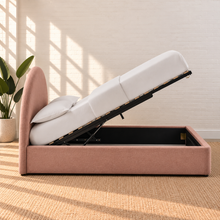 Load image into Gallery viewer, Laurane Queen Size platform bed in Blossom Pink with rounded arch headboard, upholstered frame, and lift-up underbed storage.
