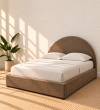 Load image into Gallery viewer, Laurane Queen Size platform bed in Cocoa Muse with rounded arch headboard, woven heathered upholstery, and lift-up underbed storage.
