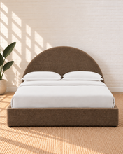 Load image into Gallery viewer, Laurane Queen Size platform bed in Cocoa Muse with rounded arch headboard, woven heathered upholstery, and lift-up underbed storage.
