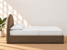 Load image into Gallery viewer, Laurane Queen Size platform bed in Cocoa Muse with rounded arch headboard, woven heathered upholstery, and lift-up underbed storage.
