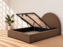Load image into Gallery viewer, Laurane Queen Size platform bed in Cocoa Muse with rounded arch headboard, woven heathered upholstery, and lift-up underbed storage.
