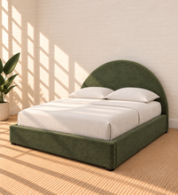 Load image into Gallery viewer, Laurane Queen Size platform bed in Olive Bark with rounded arch headboard, woven heathered upholstery, and lift-up underbed storage.

