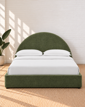 Load image into Gallery viewer, Laurane Queen Size platform bed in Olive Bark with rounded arch headboard, woven heathered upholstery, and lift-up underbed storage.
