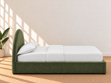 Load image into Gallery viewer, Laurane Queen Size platform bed in Olive Bark with rounded arch headboard, woven heathered upholstery, and lift-up underbed storage.
