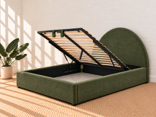 Load image into Gallery viewer, Laurane Queen Size platform bed in Olive Bark with rounded arch headboard, woven heathered upholstery, and lift-up underbed storage.
