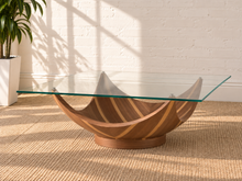Load image into Gallery viewer, Laurel square coffee table with clear tempered glass top and sculptural curved walnut veneer pedestal base.
