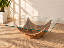 Load image into Gallery viewer, Laurel square coffee table with clear tempered glass top and sculptural curved walnut veneer pedestal base.
