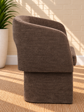 Load image into Gallery viewer, Lauren upholstered dining chair in Espresso Brown chenille with curved arms and sculptural contemporary frame
