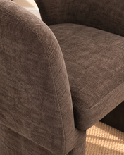 Load image into Gallery viewer, Lauren upholstered dining chair in Espresso Brown chenille with curved arms and sculptural contemporary frame
