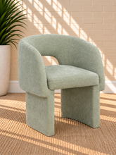 Load image into Gallery viewer, Lauren upholstered dining chair in Sage Ash Chenille with curved arms and fully upholstered contemporary frame
