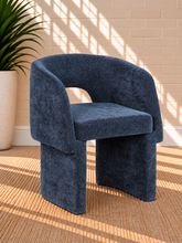 Load image into Gallery viewer, Lauren upholstered dining chair in Smoky Navy Chenille with curved arms and fully upholstered contemporary frame
