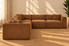 Load image into Gallery viewer, Leilani 6-piece L-shaped sectional sofa in warm caramel furry textured corduroy with wide ribbed detailing, cushioned backs, and modular seating.
