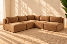Load image into Gallery viewer, Leilani 5-piece L-shaped modular sectional sofa in warm caramel furry textured corduroy with plush channel detailing and loose back cushions.
