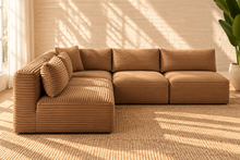 Load image into Gallery viewer, Leilani 5-piece L-shaped modular sectional sofa in warm caramel furry textured corduroy with plush channel detailing and loose back cushions.
