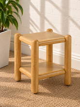Load image into Gallery viewer, Lena natural oak side table with rounded wood posts, rectangular top and open lower storage shelf
