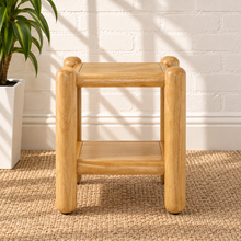 Load image into Gallery viewer, Lena natural oak side table with rounded wood posts, rectangular top and open lower storage shelf

