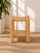 Load image into Gallery viewer, Lena natural oak side table with rounded wood posts, rectangular top and open lower storage shelf
