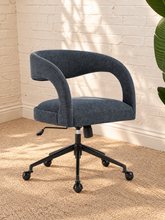 Load image into Gallery viewer, Lennox navy slub-weave upholstered swivel office chair with curved open barrel back, black five-point base, and roller casters
