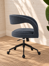 Load image into Gallery viewer, Lennox navy slub-weave upholstered swivel office chair with curved open barrel back, black five-point base, and roller casters
