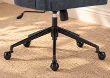 Load image into Gallery viewer, Lennox navy slub-weave upholstered swivel office chair with curved open barrel back, black five-point base, and roller casters

