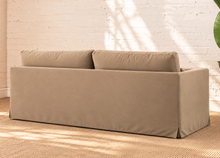 Load image into Gallery viewer, Liana warm taupe linen-blend slipcovered sofa with deep bench cushion, two back cushions, and matching throw pillows
