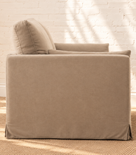 Load image into Gallery viewer, Liana warm taupe linen-blend slipcovered sofa with deep bench cushion, two back cushions, and matching throw pillows
