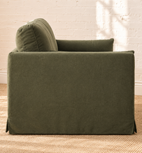 Load image into Gallery viewer, Liana olive linen-blend slipcovered sofa with deep bench cushion, two back cushions, and matching throw pillows

