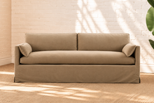 Load image into Gallery viewer, Liana warm taupe linen-blend slipcovered sofa with deep bench cushion, two back cushions, and matching throw pillows

