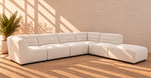 Load image into Gallery viewer, Image 1 of 5: Lorena 6-Piece sectional sofa in Snow Cream faux sheepskin fabric with channel tufted backrests and ottoman
