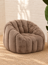 Load image into Gallery viewer, Louie mocha chenille accent chair with a plush seat, rounded wraparound back, curved arms, and textured upholstery.
