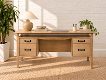 Load image into Gallery viewer, Image 3 of 5: Lucero 64-inch double pedestal desk in Natural with four drawers, open shelf, Oak Veneer, and dark bronze pulls
