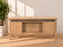 Load image into Gallery viewer, Image 4 of 5: Lucero 64-inch double pedestal desk in Natural with four drawers, open shelf, Oak Veneer, and dark bronze pulls

