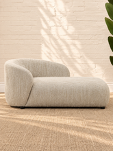 Load image into Gallery viewer, Lucia upholstered chaise lounge in oyster beige textured bouclé fabric with rounded arms and a low profile.
