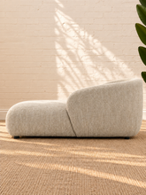 Load image into Gallery viewer, Lucia upholstered chaise lounge in oyster beige textured bouclé fabric with rounded arms and a low profile.
