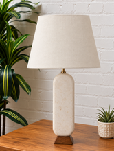 Load image into Gallery viewer, Image 1 of 6: Lumi Ivory Marble table lamp with off-white linen-textured shade, Walnut wood base, and brass detail
