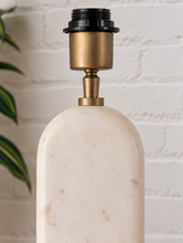 Load image into Gallery viewer, Image 6 of 6: Lumi Ivory Marble table lamp with off-white linen-textured shade, Walnut wood base, and brass detail
