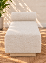 Load image into Gallery viewer, Lyca upholstered beige fabric chaise lounge with blonde oak frame, synthetic cane detailing, and curved Art Deco-inspired design
